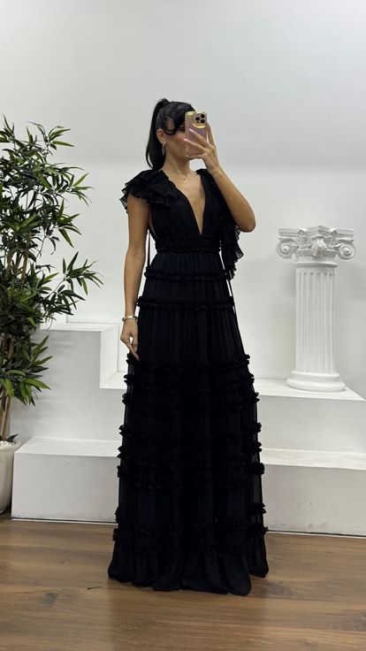 Black Layered Ruffle Special Design Chiffon Evening Dress
